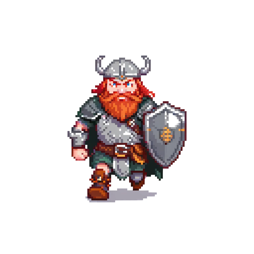 pixel art ginger viking with red beard and armor, running animation frame 1, legs wide apart emoji