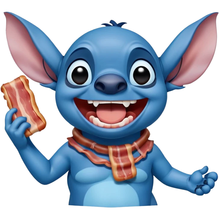 laughing Stitch holding a bacon strip emoji