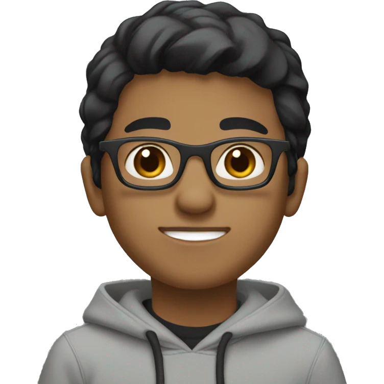 Light brown tone origin boy wearing glasses in a grey hoodie with casual black hair style with brown eye. emoji