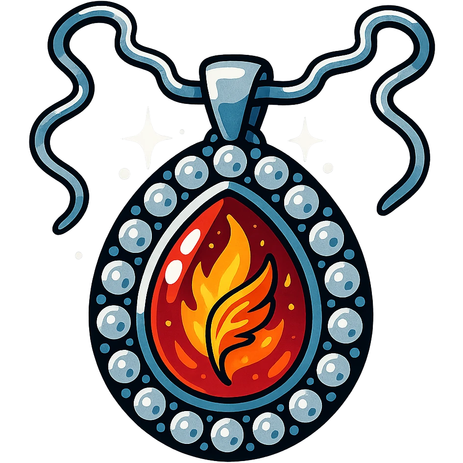 A teardrop ruby pendant with fiery light, a tiny phoenix feather emerging, haloed by shimmering white stones, and a silver chain like liquid moonlight emoji