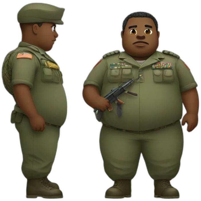 a fat black man dressed in military attire fighting with a crocodile emoji