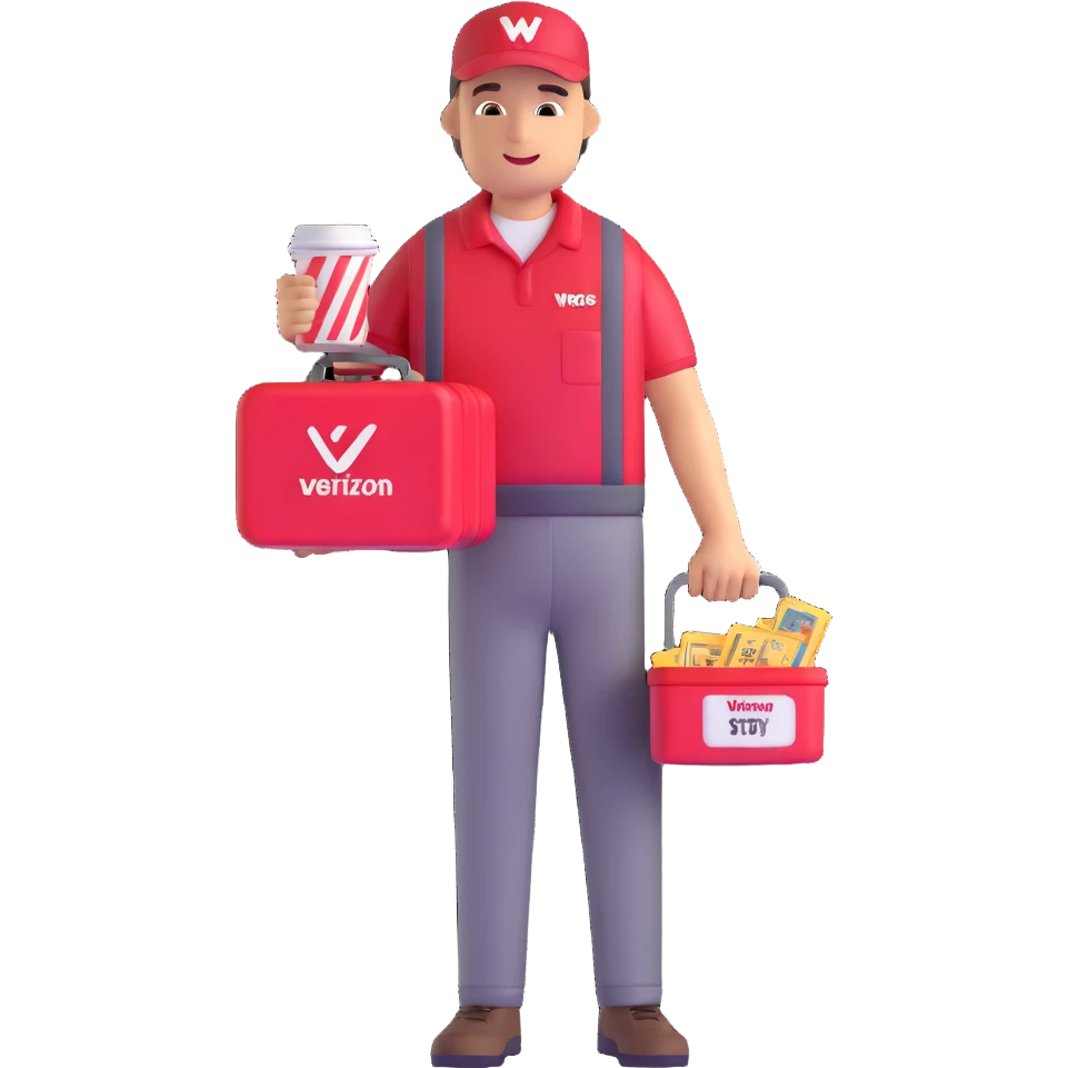 Verizon worker with a stack of perks: lunch box, movie tickets, and a mug emoji