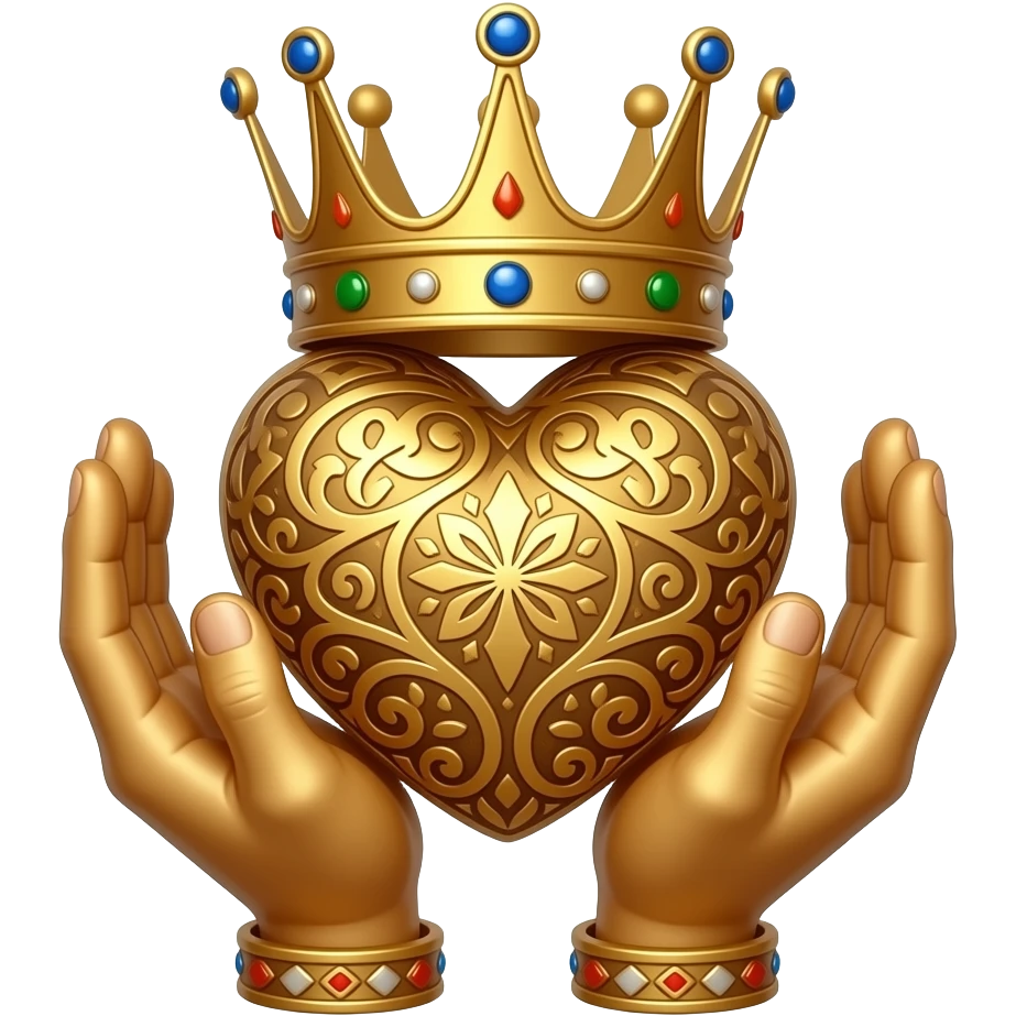 two bronze palms holding with their fingertips a bronze heart richly ornamented with arabesques and a richly decorated royal crown, dramatic lighting - backlight emoji