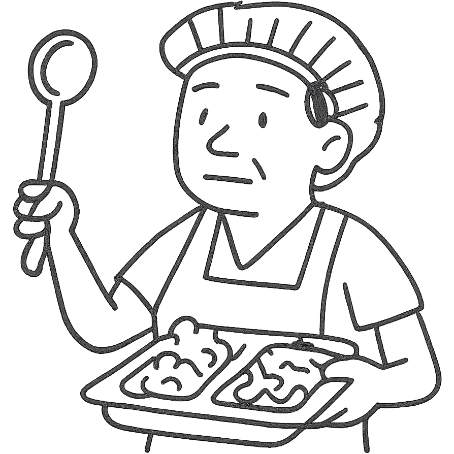 hand-drawn outlined icon of a lunch lady holding a ladle and a tray of gross food emoji