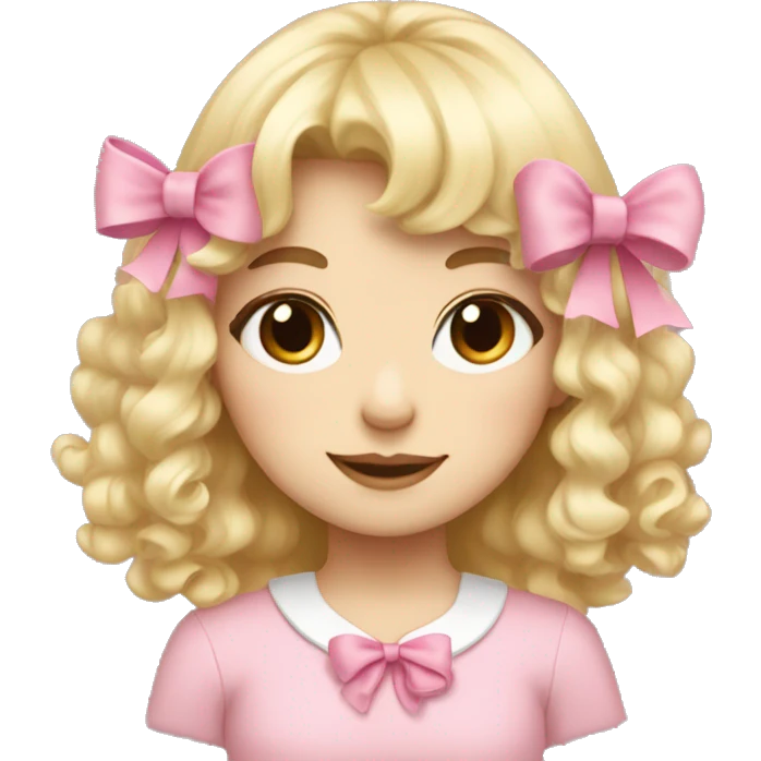 Blonde, pale girl with bangs and curly, long hair with pink bows  emoji