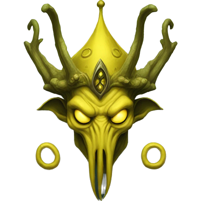Hastur, King in Yellow of the Cthulhu Mythos, wearing a crown with antlers and a pallid mask emoji