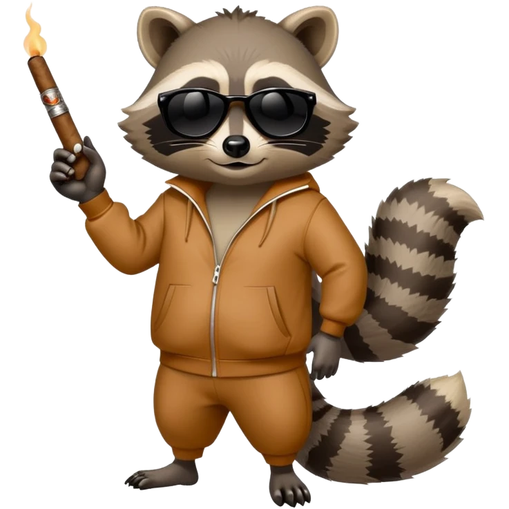 friendly anthropomorphised raccoon in a Sopranos-style mafia tracksuit, wearing dark sunglasses, holding a cigar, confident pose emoji