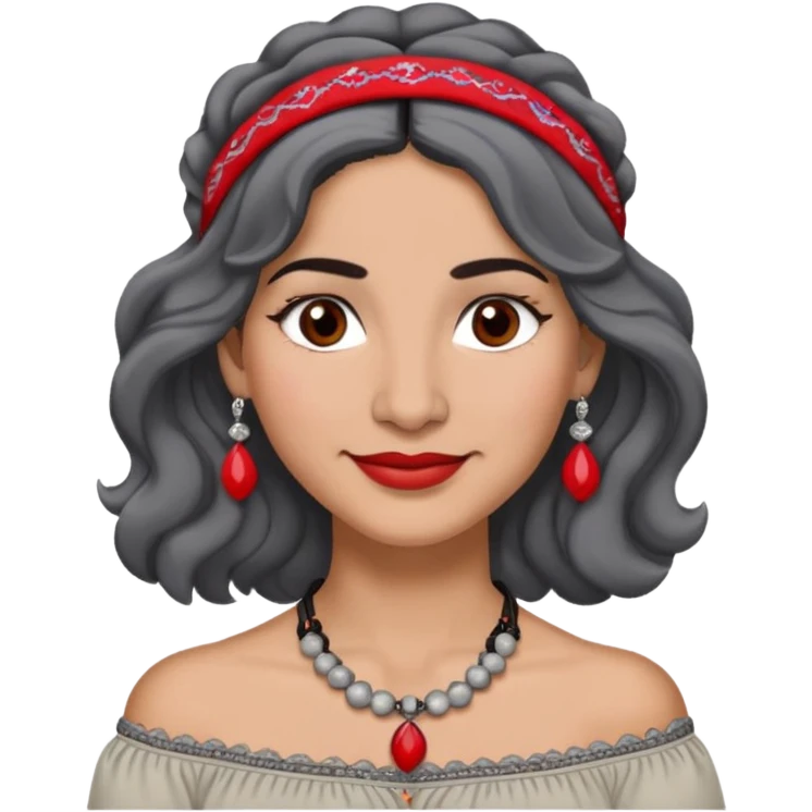 Latina woman, about 50, light brown skin, round face, wavy shoulder-length black and gray hair, red/white headband, medium eyes, thin eyebrows, subtle smile, gray peasant blouse, embroidery, bare shoulders, big dark necklace emoji