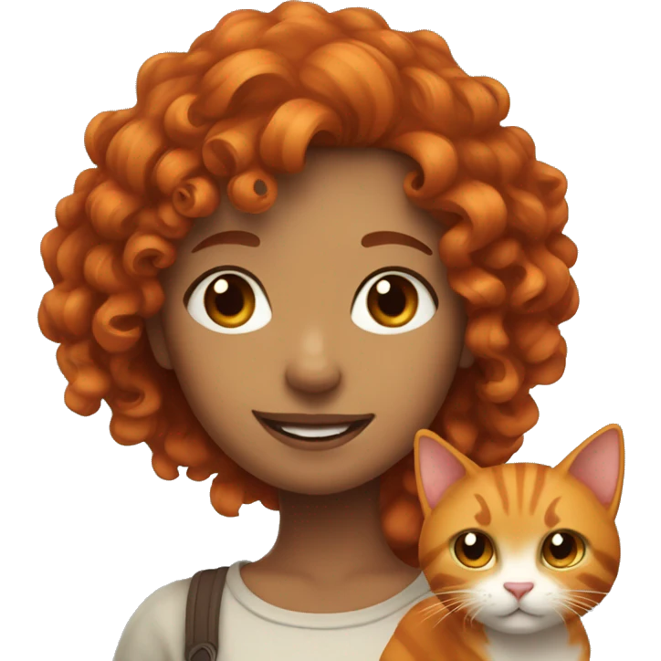 Curly Red haired girl with brown and orange cat with big tail emoji