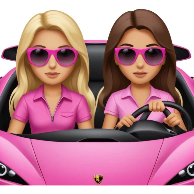 Add sunglasses Make car far away so I can see full car Car facing forward in sports car. Make hair long  two girls in car far away Front of car sitting in the seats. Make it a pink sports car. They are two baddies make it a Lamborghini pink car  emoji