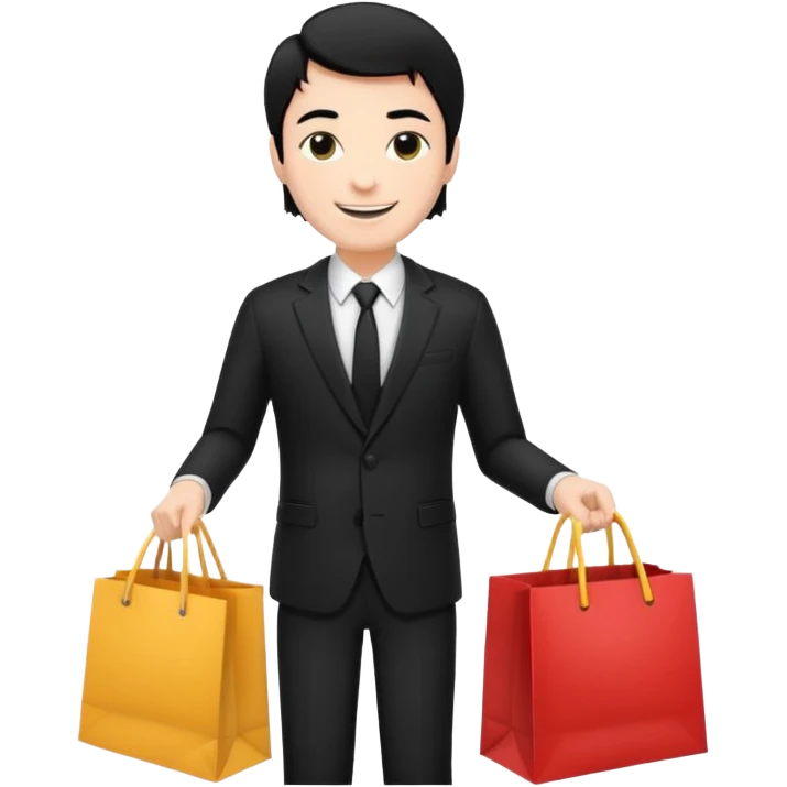 a white man black hair in a black suit with clothing shopping bag emoji