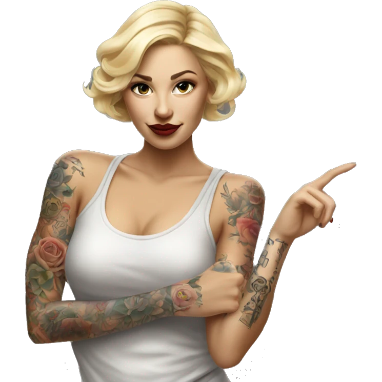 Blonde elegant women, her Body Covered with Tattoos, POINTING to YOU FORWARD with her ONE HAND , Hyper realistic emoji