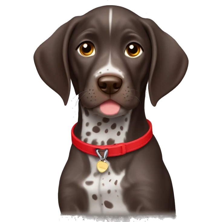 Dark Brown spotted German short haired pointer puppy with ticking with red collar  emoji