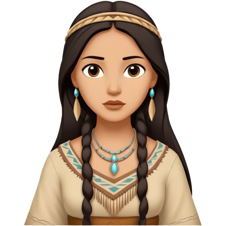 Cinematic Timeless Pocahontas Portrait Emoji, rendered in a realistic, vector style. Depict Pocahontas with warm, glowing skin, naturally flowing dark hair, and a serene, gentle expression, wearing traditional garments in muted earth tones. The design features bold, clean proportions, a soft, inviting glow, and a subtle glowing outline that captures her enduring natural beauty. emoji