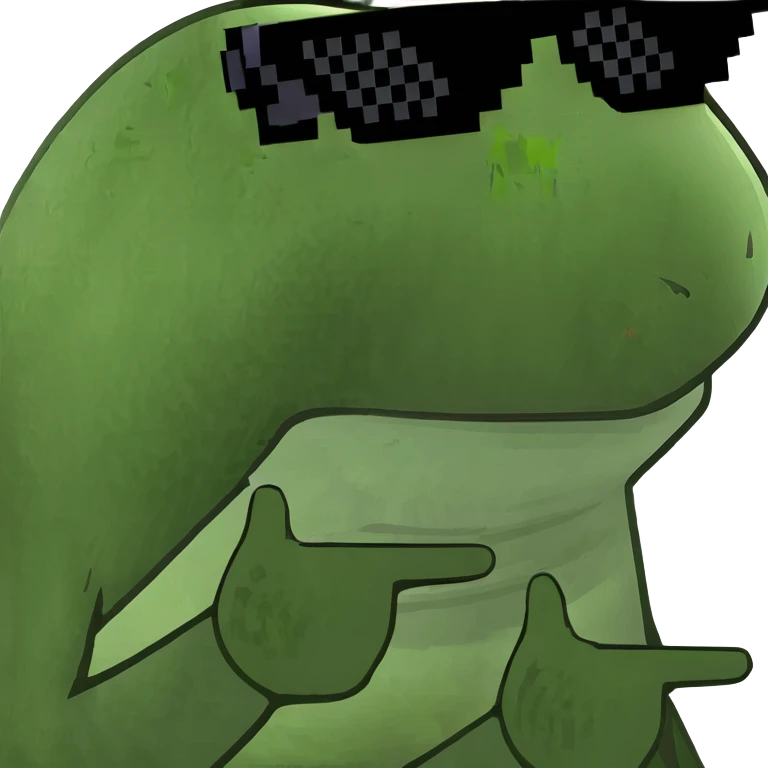 Green frog dancing on beach with sun rays highlighting, happy beach party frog emoji