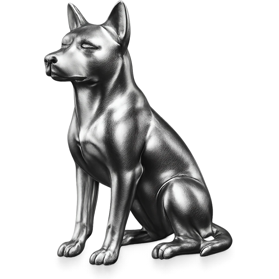               Apply a high-end, photorealistic metallic chrome material to the provided {subject}. The material should have a smooth, slightly curved surface with subtle reflections and soft shadows, resembling brushed or polished silver metal. Preserve the exact shape, proportions, and design of the original object. Set it against a solid black background (#000000) in 8K resolution. The lighting should enhance the beveled edges and reflective highlights, creating a sleek, premium finish. {subject} = dog emoji