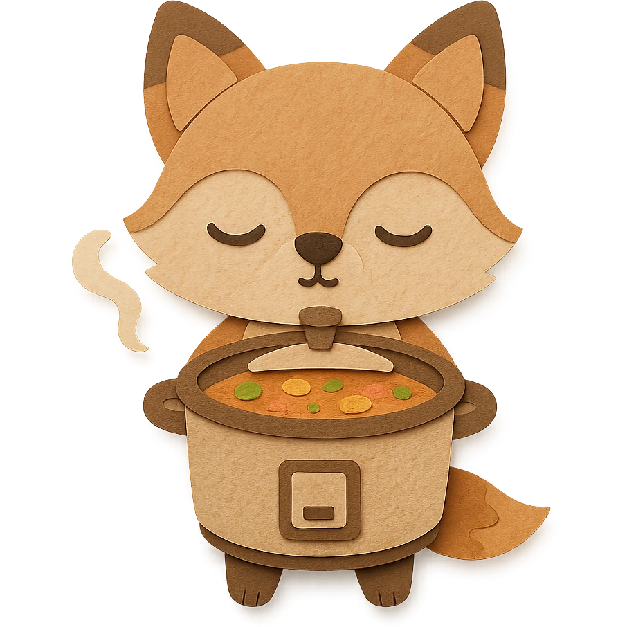 chibi slow cooker fox simmering soup, cute sleepy expression, soft beige, full-body emoji