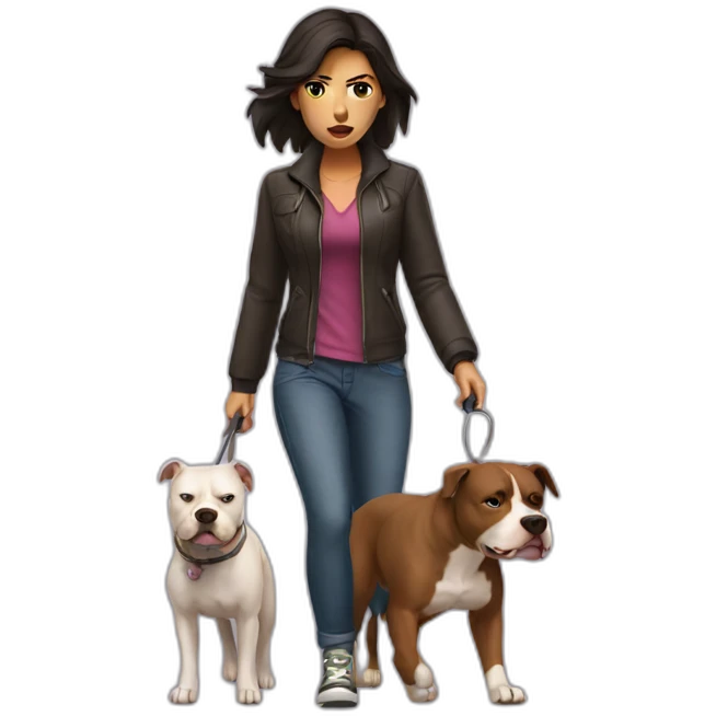a woman with dark hair is angry and walks with a pitbull emoji