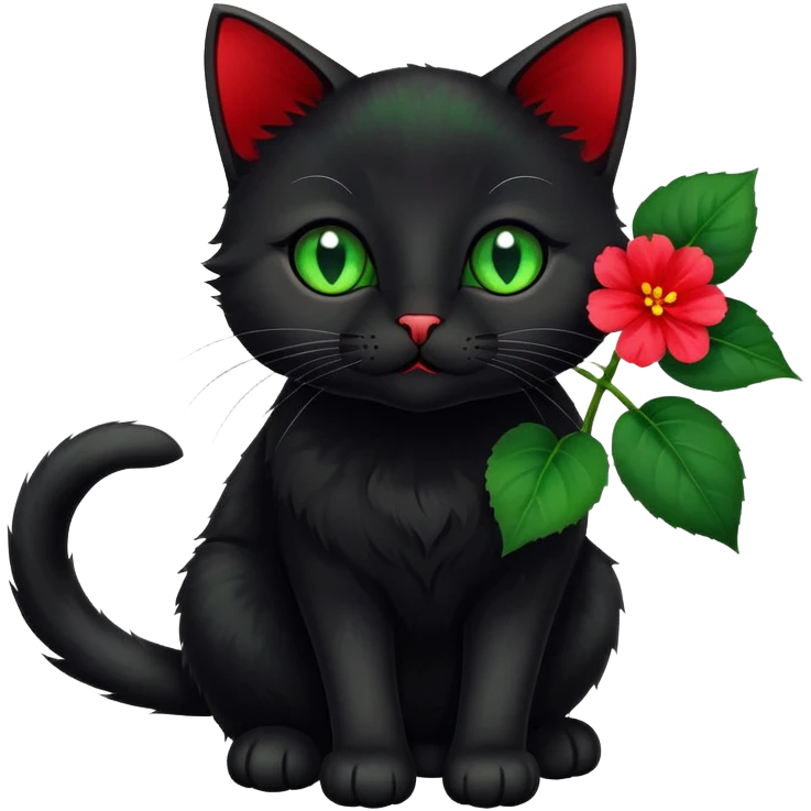 A cute  little  black cat and Begonia flower emoji