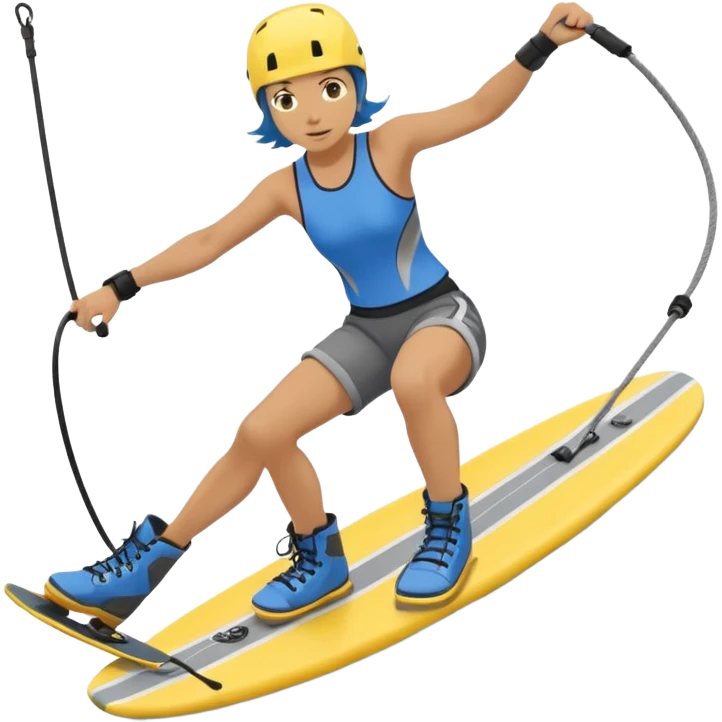 A person wakeboarding with one leg forward, the other bent for balance, leaning slightly back while holding a tow rope. Wearing a blue top, black shorts, gray boots, on a yellow board with small water splashes below. emoji