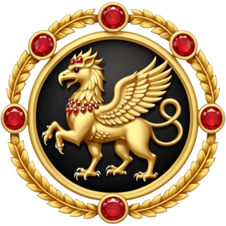 Golden griffin crest / brosch in a circle with red gems and no background emoji