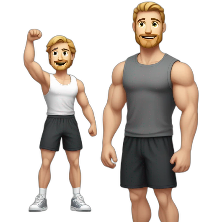 Full height Actively gesturing with hands Pale skinned Fit Man With the biceps and brown hair in dark gray Sleeveless Mike, black oversize sports shorts, watch and white Sneakers emoji