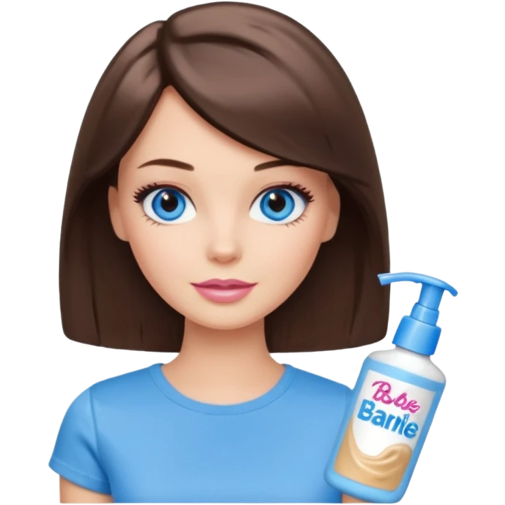 Barbie girl with makeup, blue eyes , and bob long haircut, short brown hair in creamy color T-shirt, face Wash Cream emoji