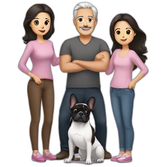 Family-with-father-without-mustache-mum-with-grey-hair-two-brunettes-daughters-with-long-hair-and-just-one-black-French-bulldog emoji
