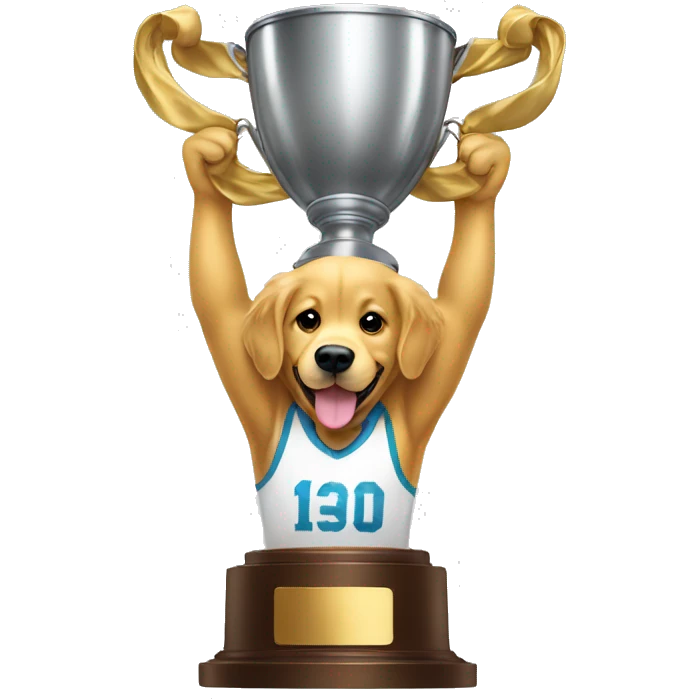 A golden retriever, lifting a trophy emoji