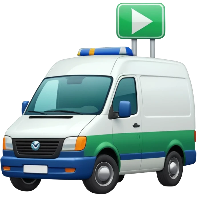 a white modern delivery van with green and dark blue color on the side.  emoji