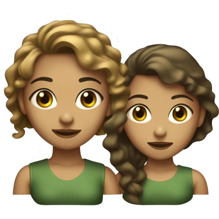 two headed girls (joint by the head) One  with light olive skin, with short golden brown hair and green eyes. The other on the right darker brown hair nearly black with wavy hair and bown hazel eyes with farier olive tanned skin to the girl on thelef emoji