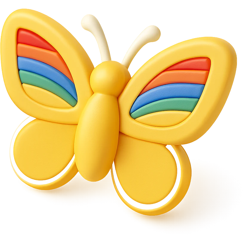 a butterfly with shiny yellow wings with rainbow pride accents, 3D look emoji