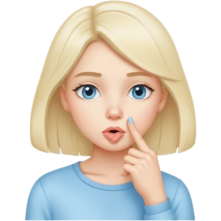 girl wearing pastel blue clothes with finger on lips making a quiet shh gesture emoji