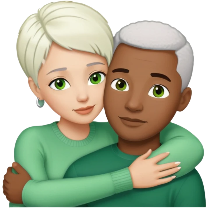 African American wife withe short white hair hugging African American light skin husband with green eyes  emoji