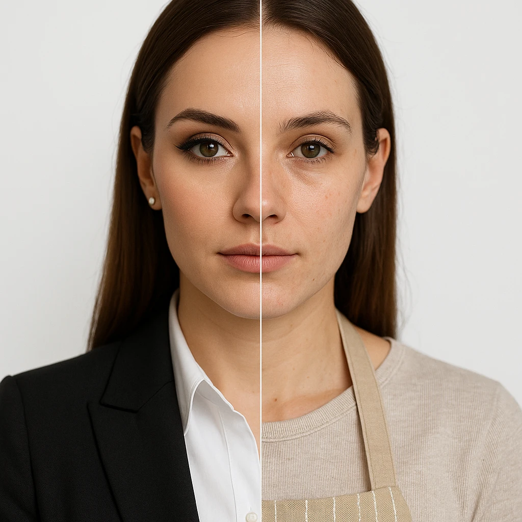 4K hyper realistic split-image of a beautiful woman: one half of her face with professional makeup and business office attire, the other half natural and makeup-free, wearing a kitchen apron like a homemaker. Symmetrical composition, white background, clear contrast between the two roles. emoji