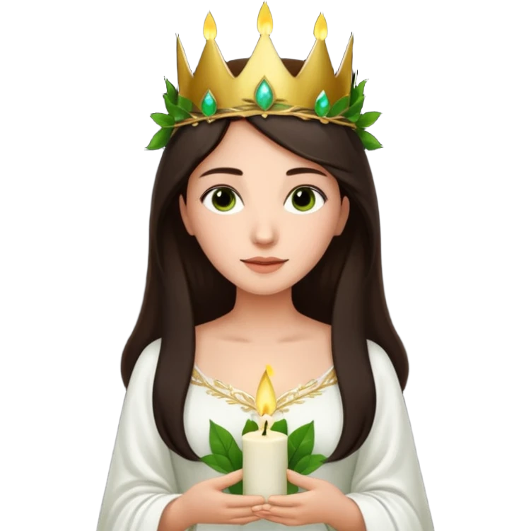  saint lucia with dark brown hair with a white gown and a crown made from greenery with candles on the crown emoji