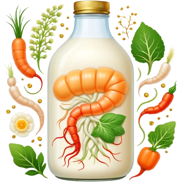 Probiotic foods (yogurt, kefir, kombucha bottle, miso, kimchi, sauerkraut) surrounding a glowing intestinal system. Tiny beneficial bacteria represented as golden particles flow between the foods and the intestine, creating a garden-like ecosystem of inner harmony and health. emoji