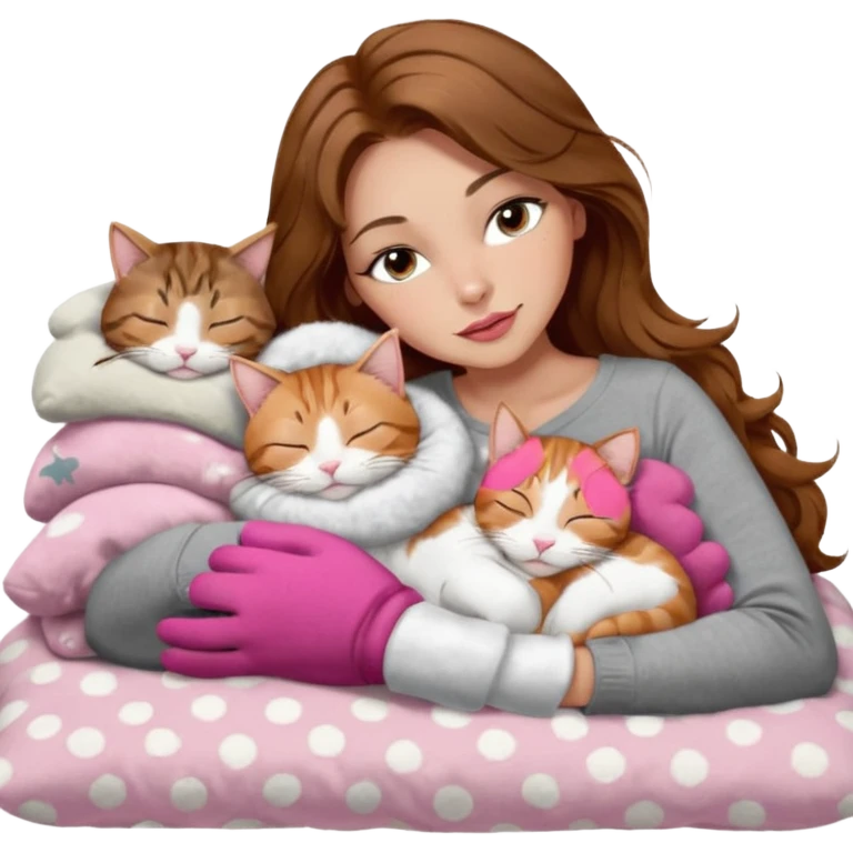 girl with long wavy brown hair, brown eyes, long lashes makeup, sexy pink lips, light to medium complexion,  sleeping on a cozy pillow, with 6 cats: 1 brown and white tabby cat, 1 ginger and white, 2 grey and white, 1 grey with white mittens and small white patch on chest and 1 calico, sleeping emoji