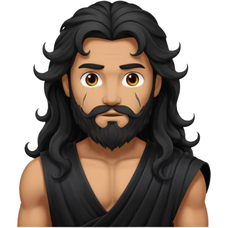 Hades from Olympus Gods with long black wavy hair and beard, black loincloth emoji