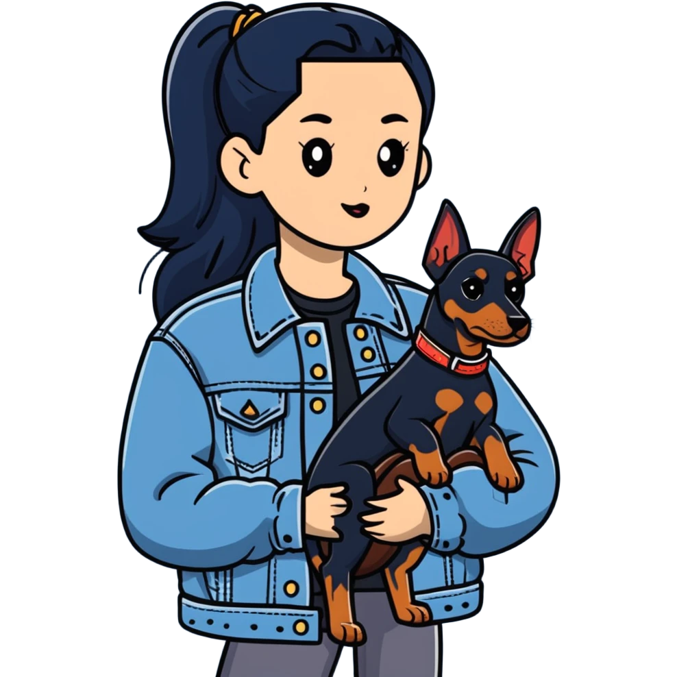 girl wearing denim jacket holding a Doberman emoji