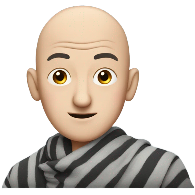 Gru from despicable me. mean looking bald man. pointy nose. stripy scarf in grey emoji
