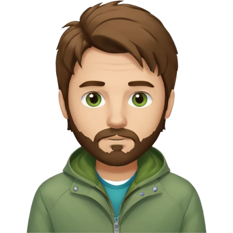 male with long messy brown hair, small facial hair, greyish blue eyes, wearing a green jacket emoji