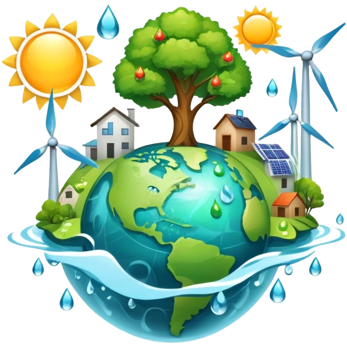 An icon featuring a green Earth, a tree, recycling symbols, and renewable energy sources like wind turbines, solar panels, and hydropower. The design includes animals, water droplets, and the sun, representing ecology, sustainable energy, and environmental protection. Transparent background. emoji