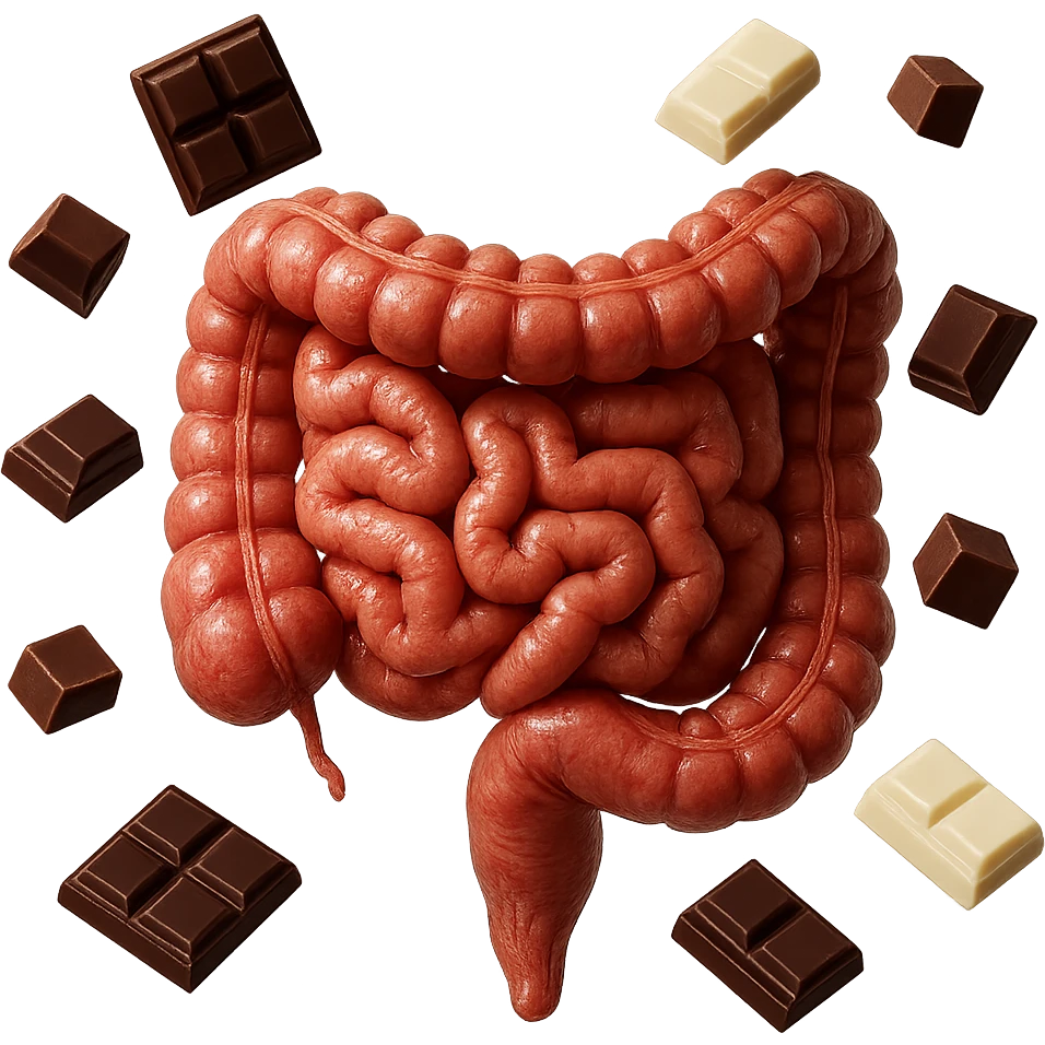 pezzetti di cioccolato fondenti, al latte e bianchi fluttuano intorno ad un intestino umano anatomico realistico, IPERREALISTICO 4K emoji