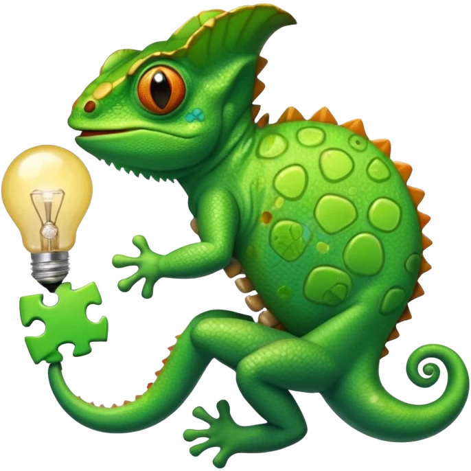 cameleon qui tien une piece de puzzle dans une main et une ampoule dans l'autre et un cerveau sur la langue emoji