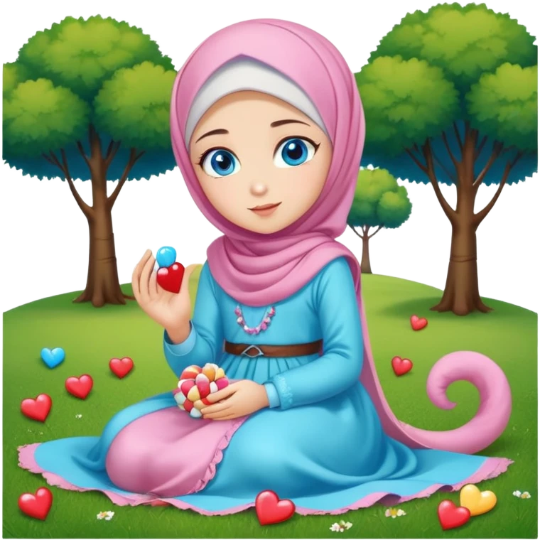 Turkish beautiful finish Konya girl blue eyes with candy hijab long tail dress and sits on the grass on the ground and sends hearts with her hand  emoji
