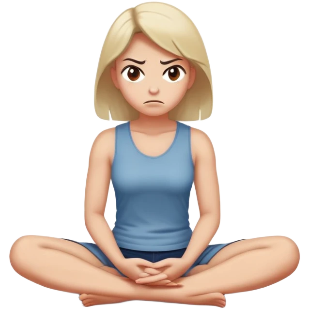 angry woman sitting cross-legged on floor with arms firmly crossed, face turned away, furrowed eyebrows and frowning expression, speech bubble ignored or crossed out nearby, back partially turned to conversation emoji