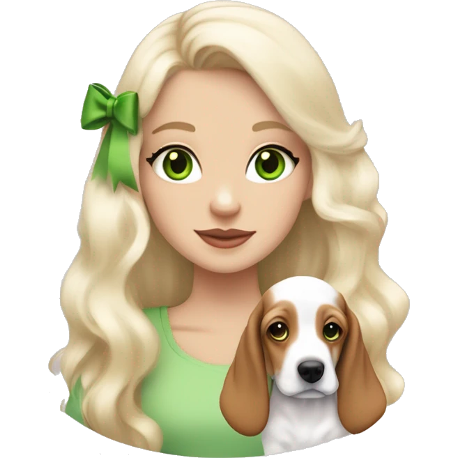 pale blonde girl with long platinum white wavy hair with bright green eyes and wearing a light pink hair bow holding a brown and white basset hound puppy also wearing a hair bow emoji