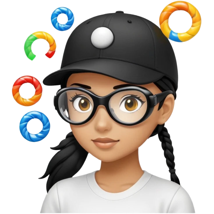 girl with black ponytail wearing black baseball hat with goggles that have LED spirals on them emoji