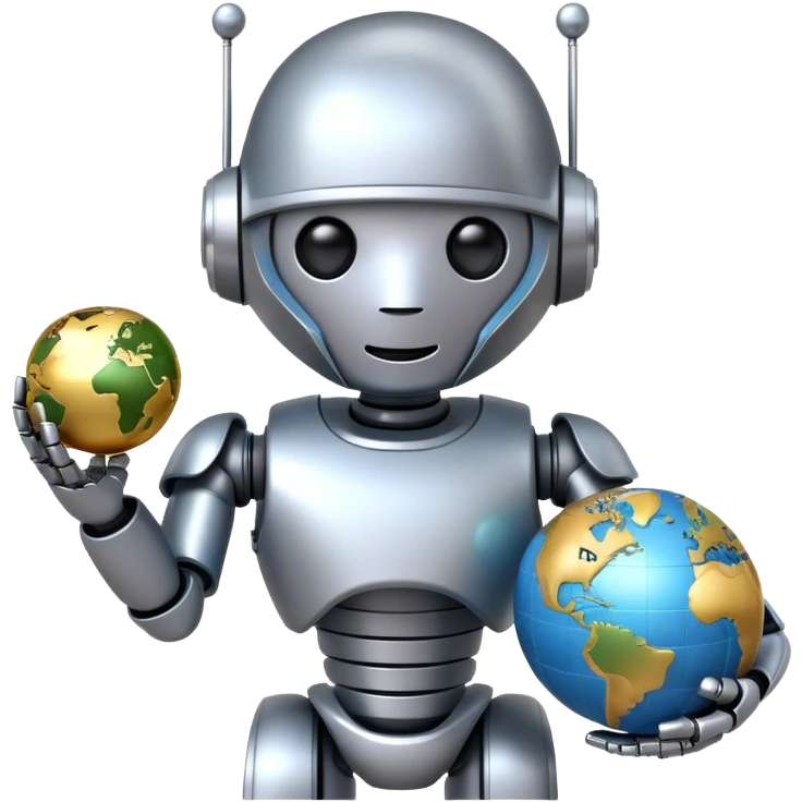 A cute robot holds a globe emoji